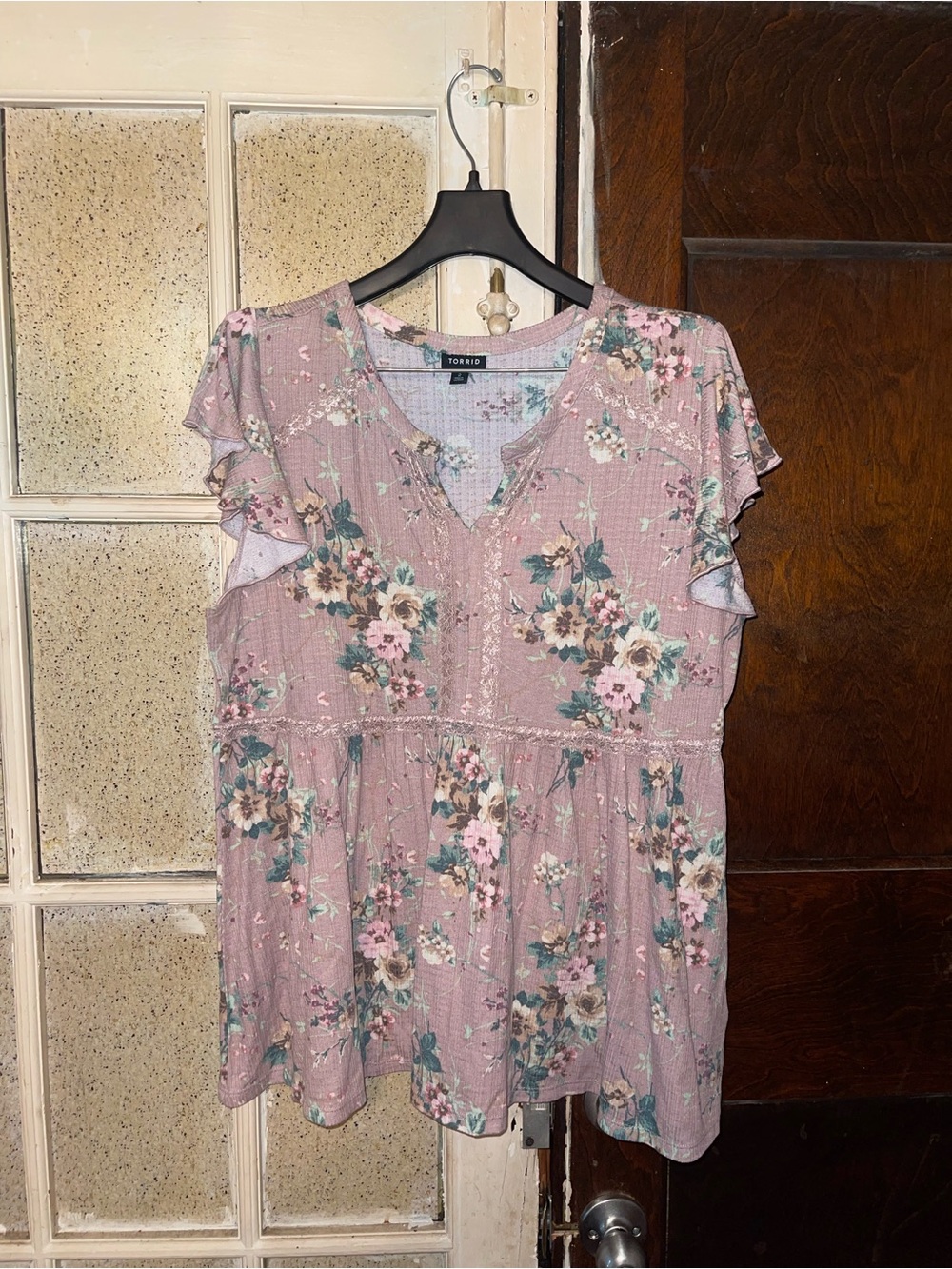 torrid mauve floral peplum blouse with pink and green accents - Size 2